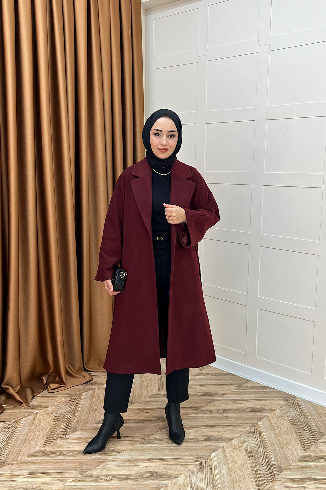 Yıldız Premium Kumaş Kuşaklı Kaban Bordo 5515-BORDO