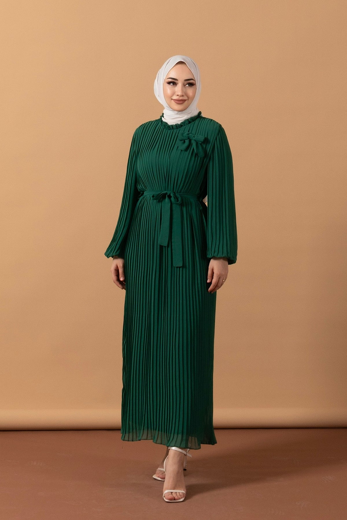 Loreno Piliseli Şifon Elbise Zümrüt 3030-ZUMRUT