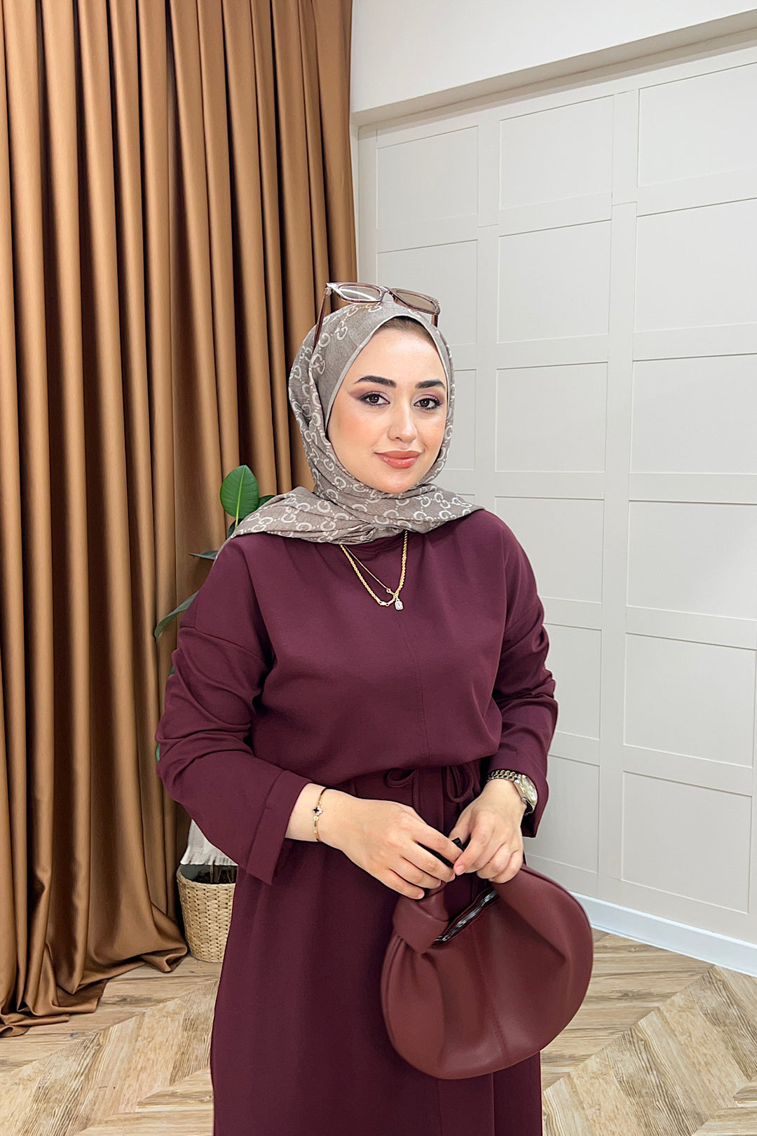 Aura Kuşaklı Elbise Bordo 3138-BORDO