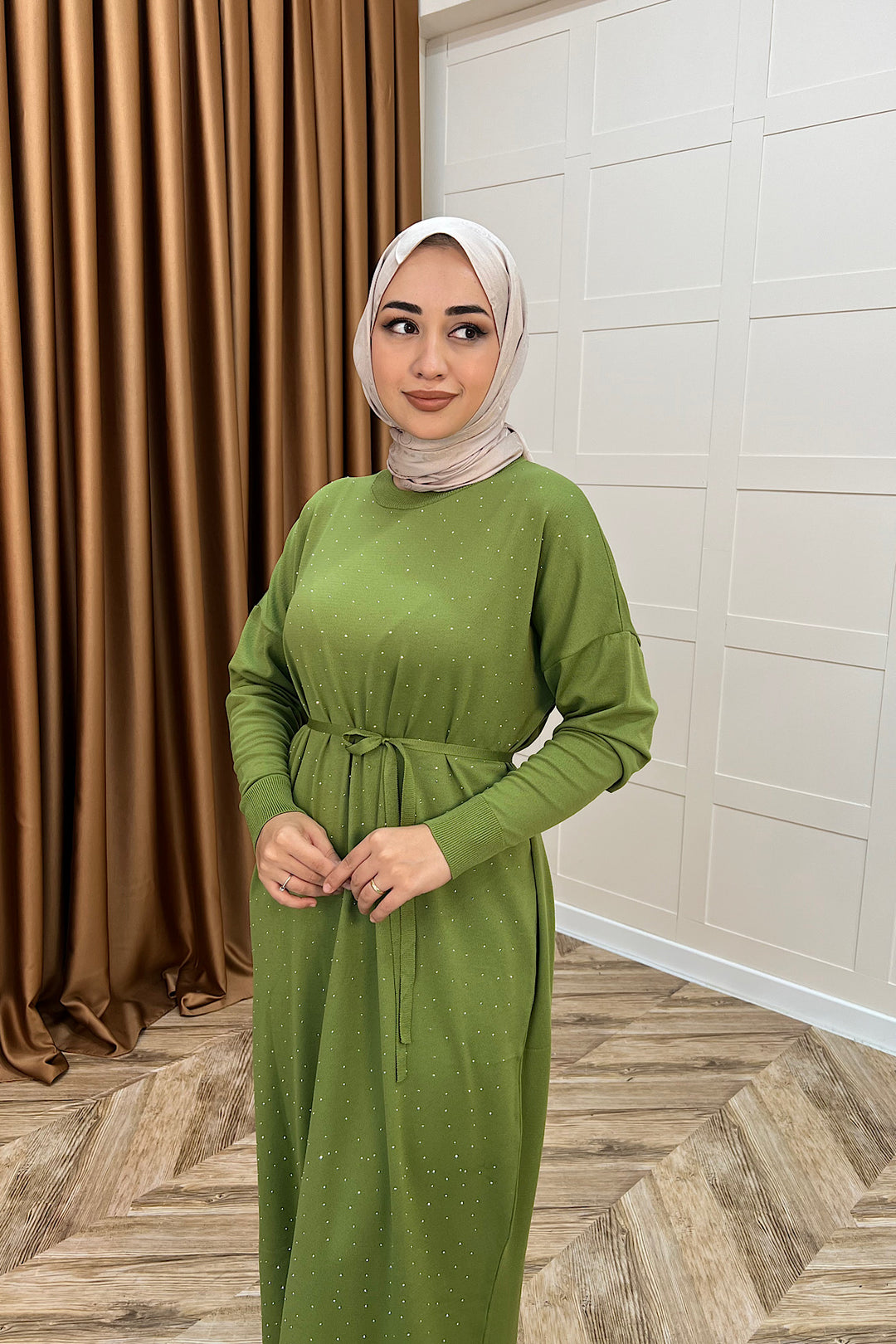 Mabel Taşlı Triko Elbise Yağ Yeşili 25270-YAGYESILI