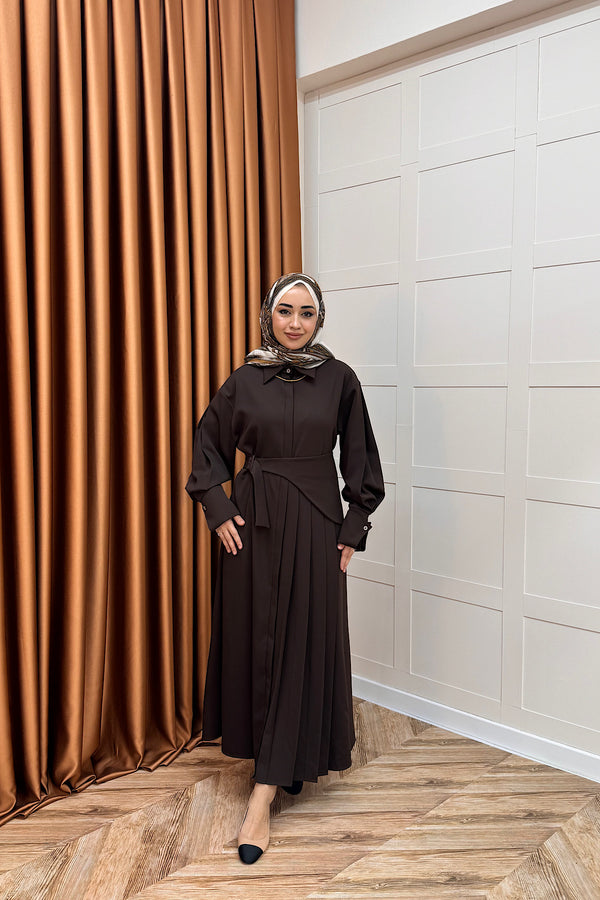 Aliza Pile Detay Elbise Kahverengi 3182-KAHVERENGI