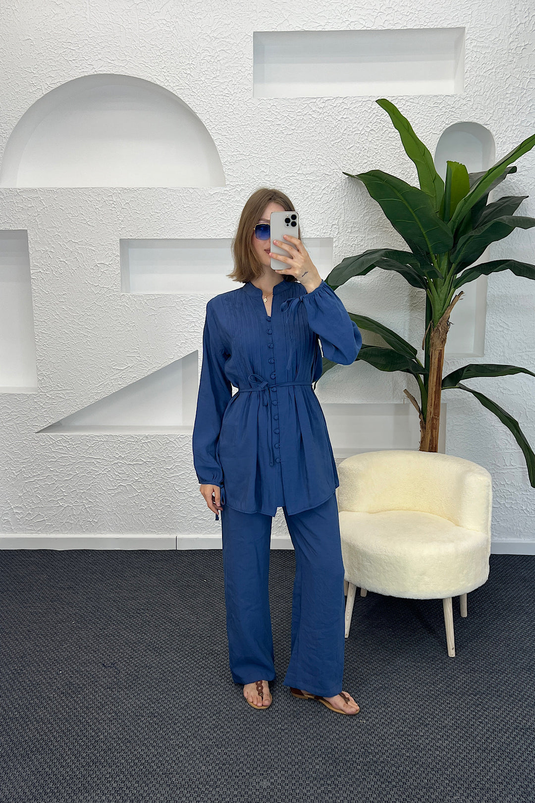 Kolları Bağcık Detay Önden Düğmeli Takım İndigo 1944-INDIGO