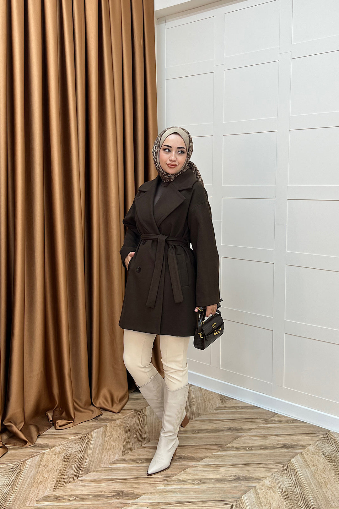 Nuve Premium Kuşaklı Kaban Kahverengi 5514-KAHVERENGI