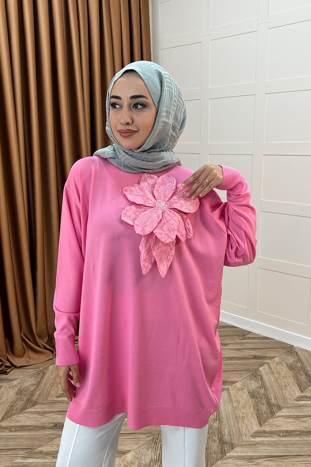 Merserize Çiçekli Triko Tunik Pembe 2550-PEMBE