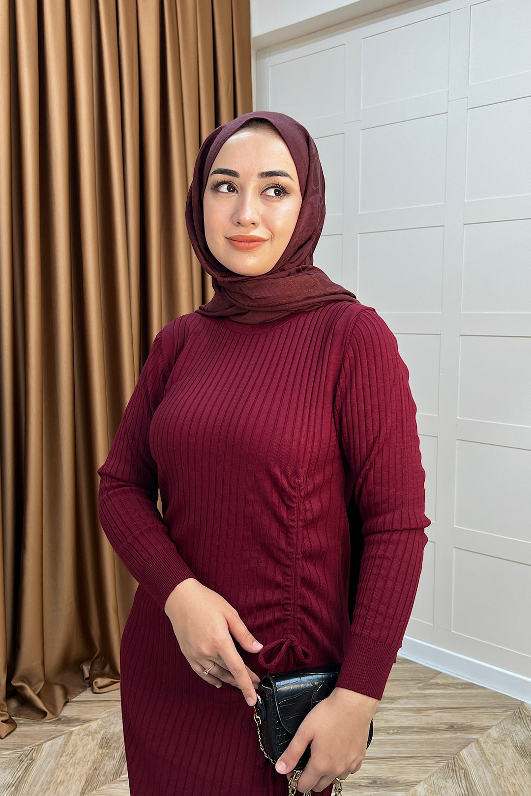 Yandan Büzgülü Triko Elbise Bordo 24870-BORDO