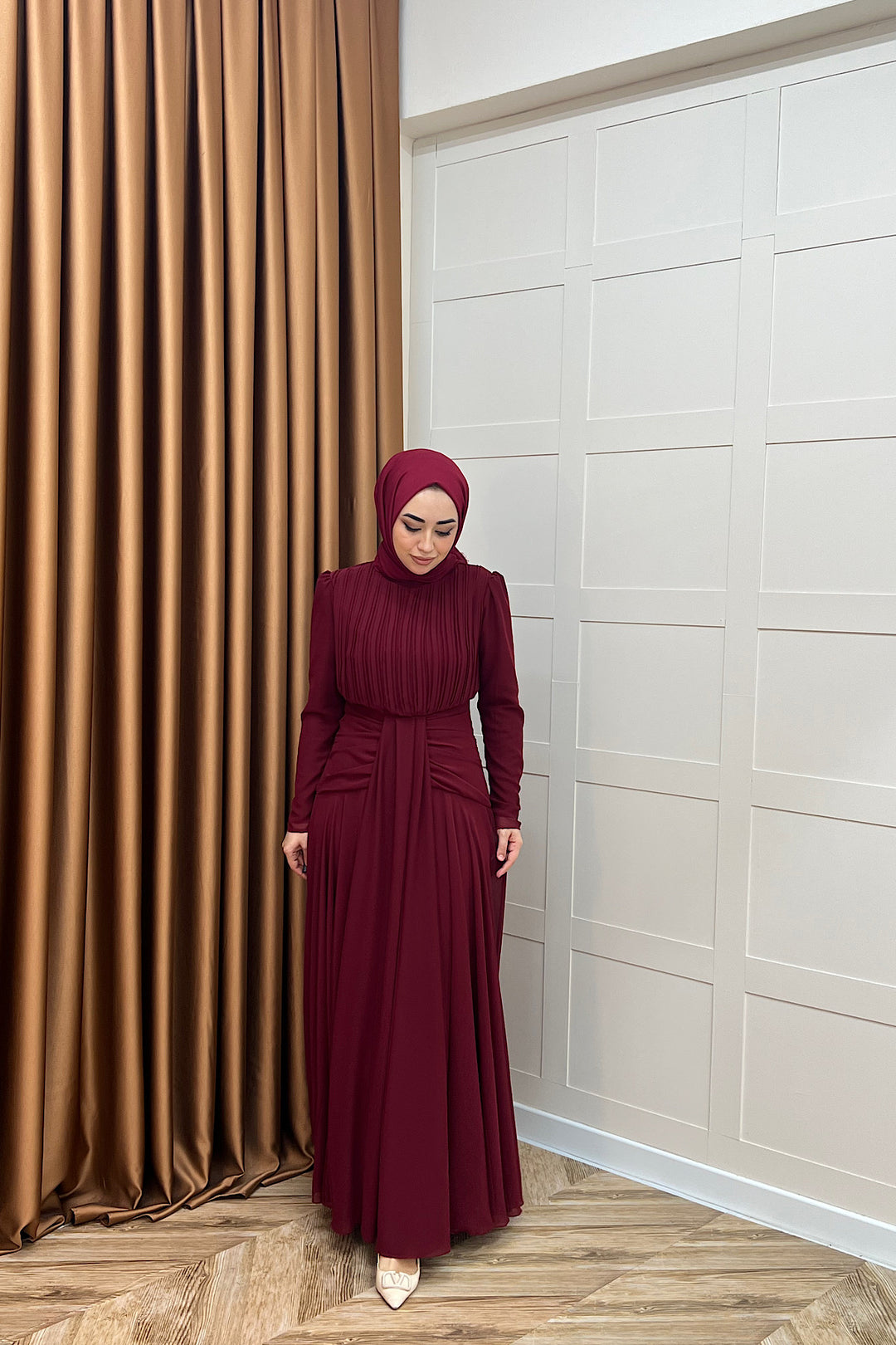 Elanor Bel Detay Şifon Abiye Bordo 3092-BORDO