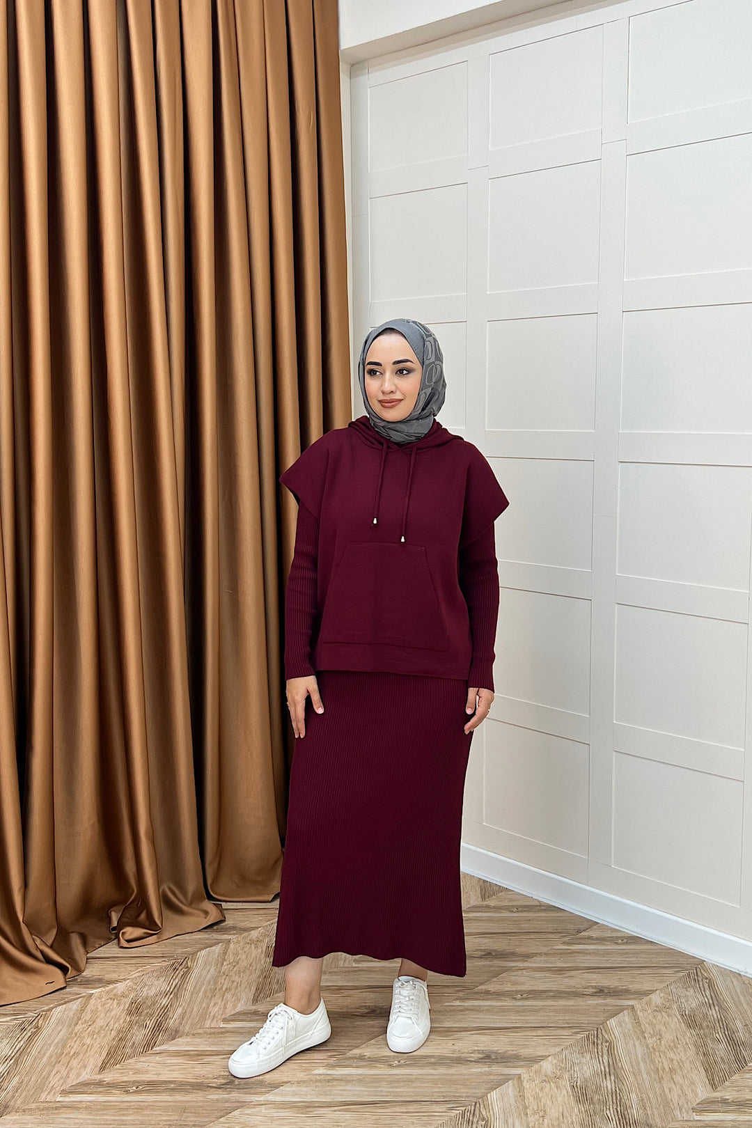 Üst Kapüşonlu İkili Triko Elbise Bordo 25290-BORDO