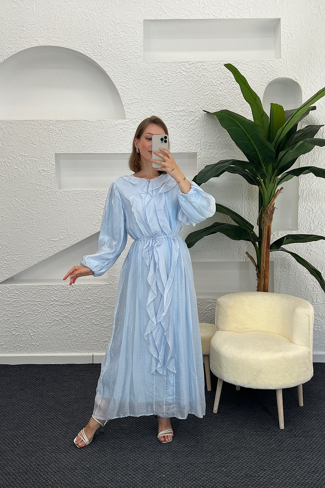 Edil Fırfır Detay Elbise Mavi 3366-MAVI