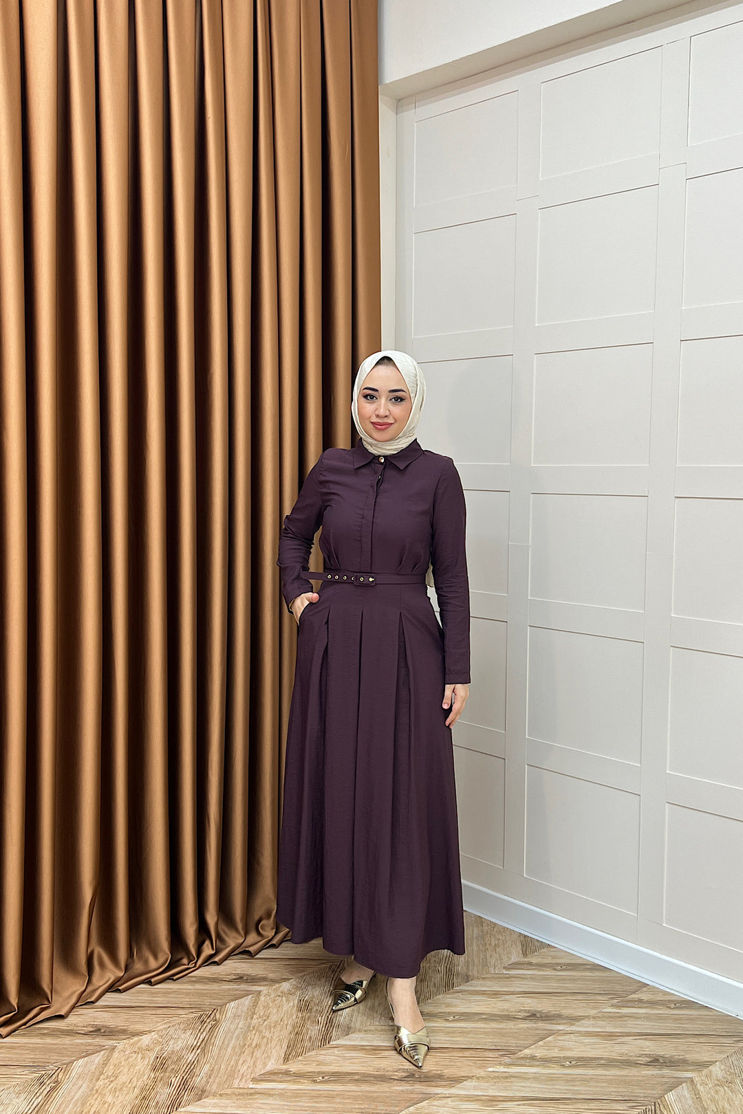 Lunia Kemerli Elbise Mürdüm 5010-MURDUM