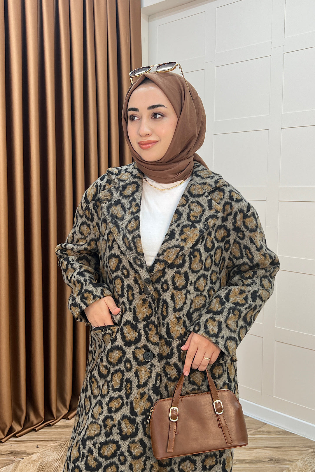 Leopar Desen Kaşe Kaban Kahverengi 2033-KAHVERENGI