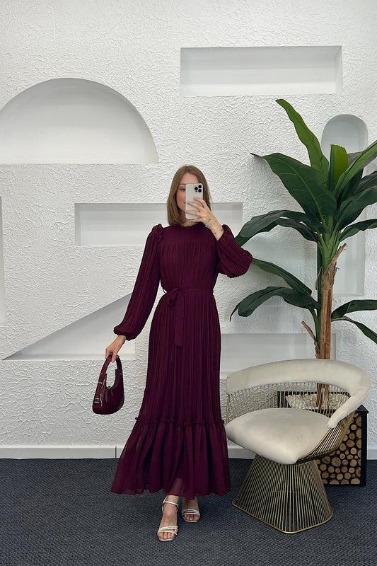 Bella Piliseli Şifon Elbise Bordo 04670-BORDO