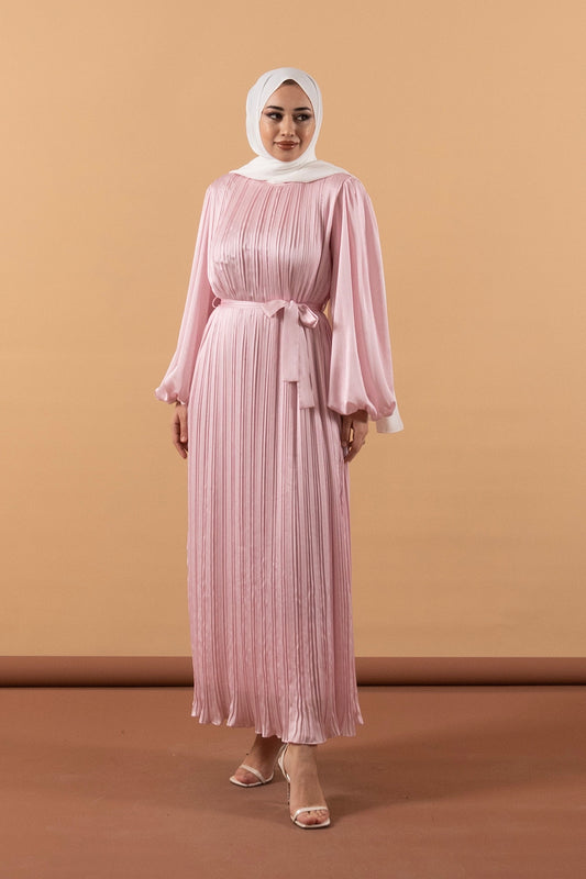 Pileli Saten Elbise Pembe 3003-PEMBE
