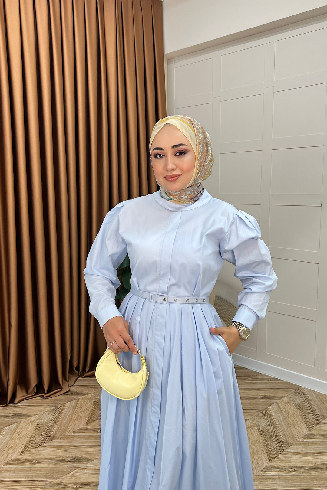 Elvin Belden Pileli Elbise Mavi 2656-MAVI