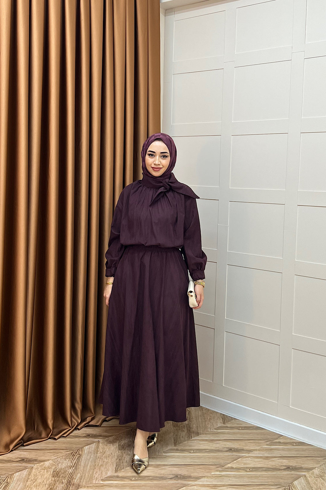 Luna Yaka Fularlı Etek Takım Mürdüm 3183-MURDUM