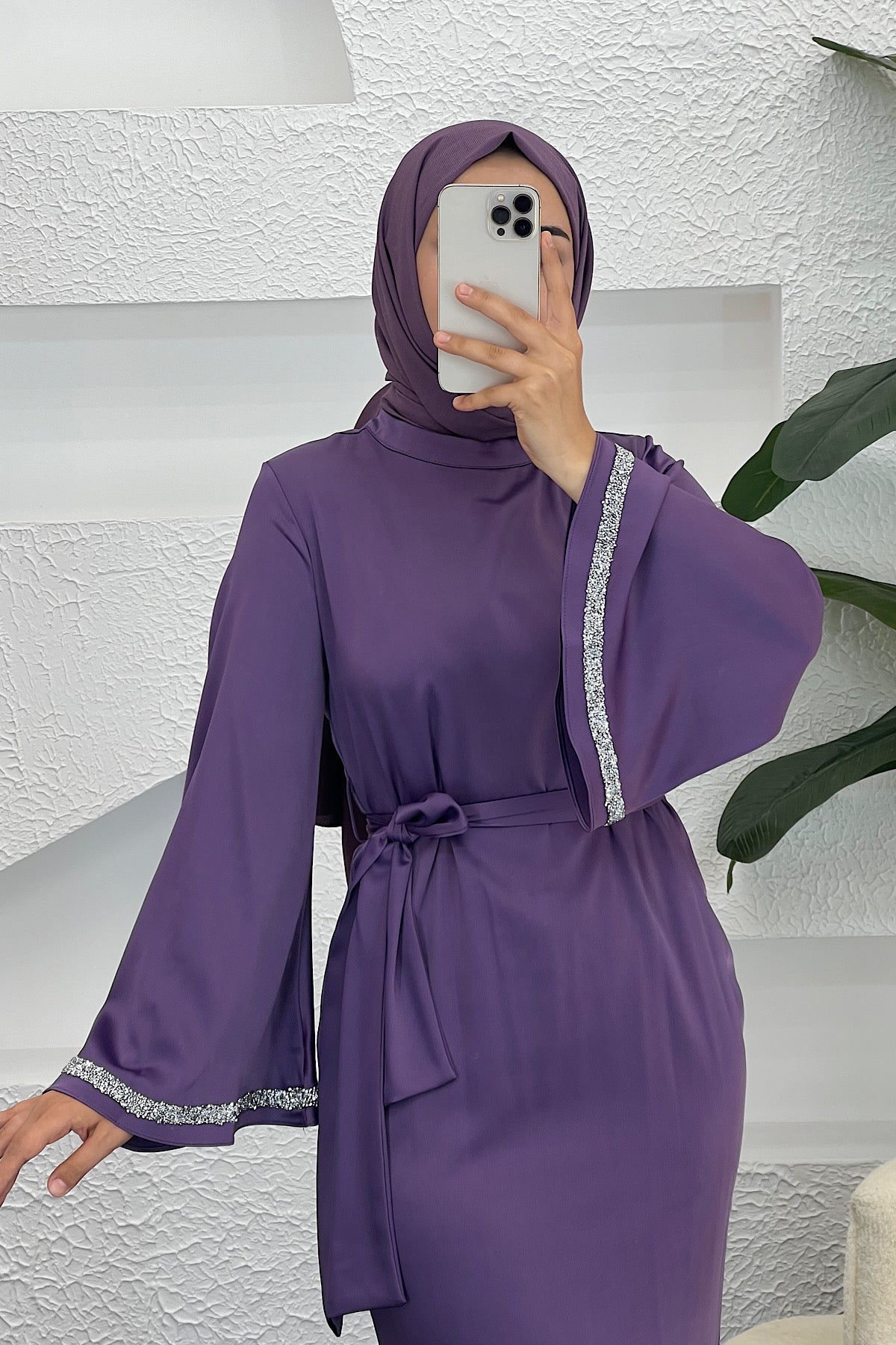Kolları Taş Detay Saten Abiye Mor 3011-MOR