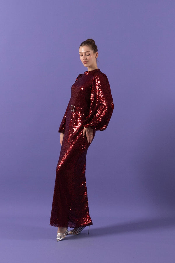 Kristal Payetli Balon Kol Abiye Bordo 3016-BORDO
