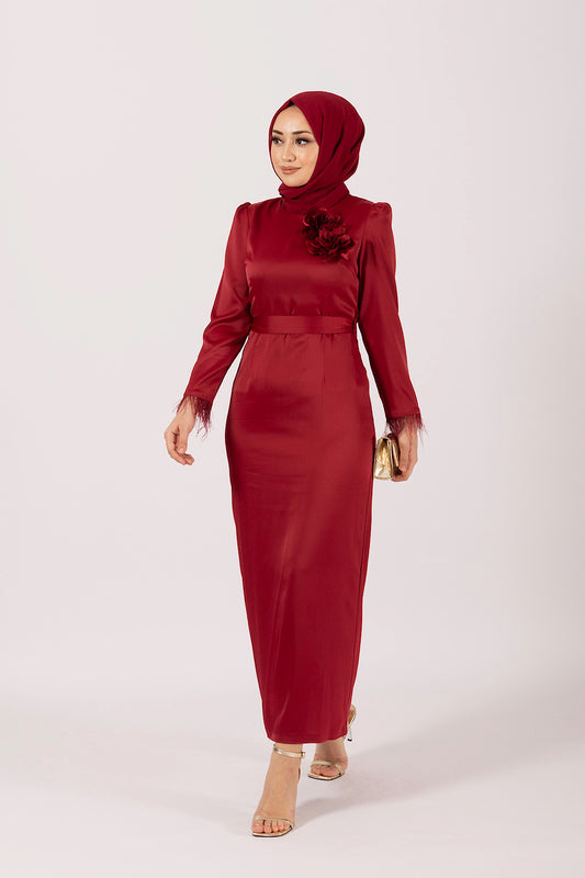 Broş Detay Saten Abiye Bordo 4892-BORDO