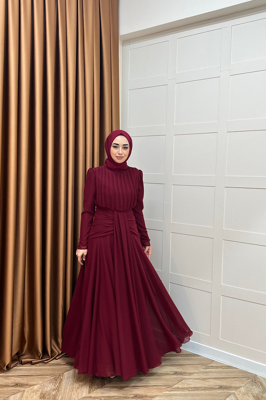 Elanor Bel Detay Şifon Abiye Bordo 3092-BORDO