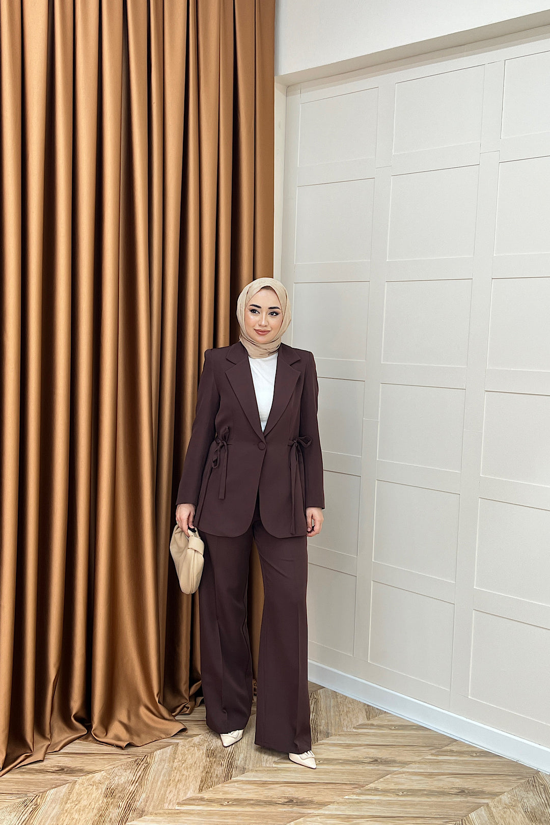 Zeina Bel Detay Ceketli Takım Kahverengi 06202-KAHVERENGI