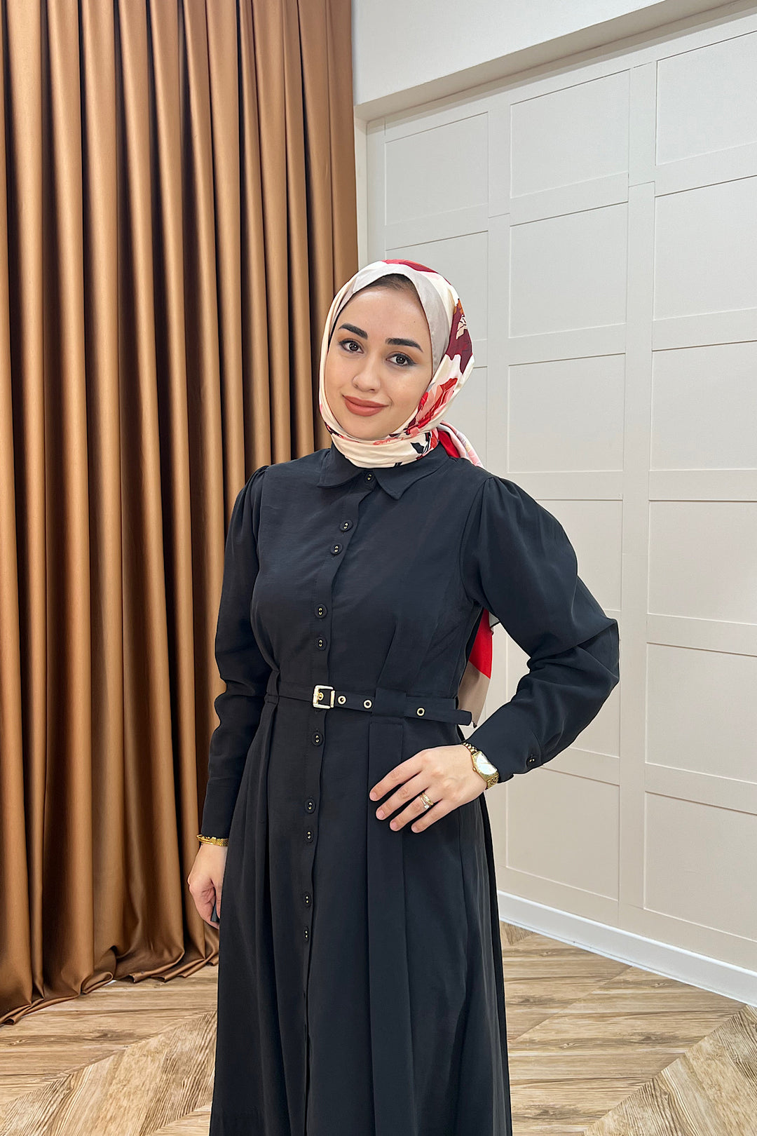 Nisa Boydan Düğmeli Elbise Siyah 3000-SIYAH