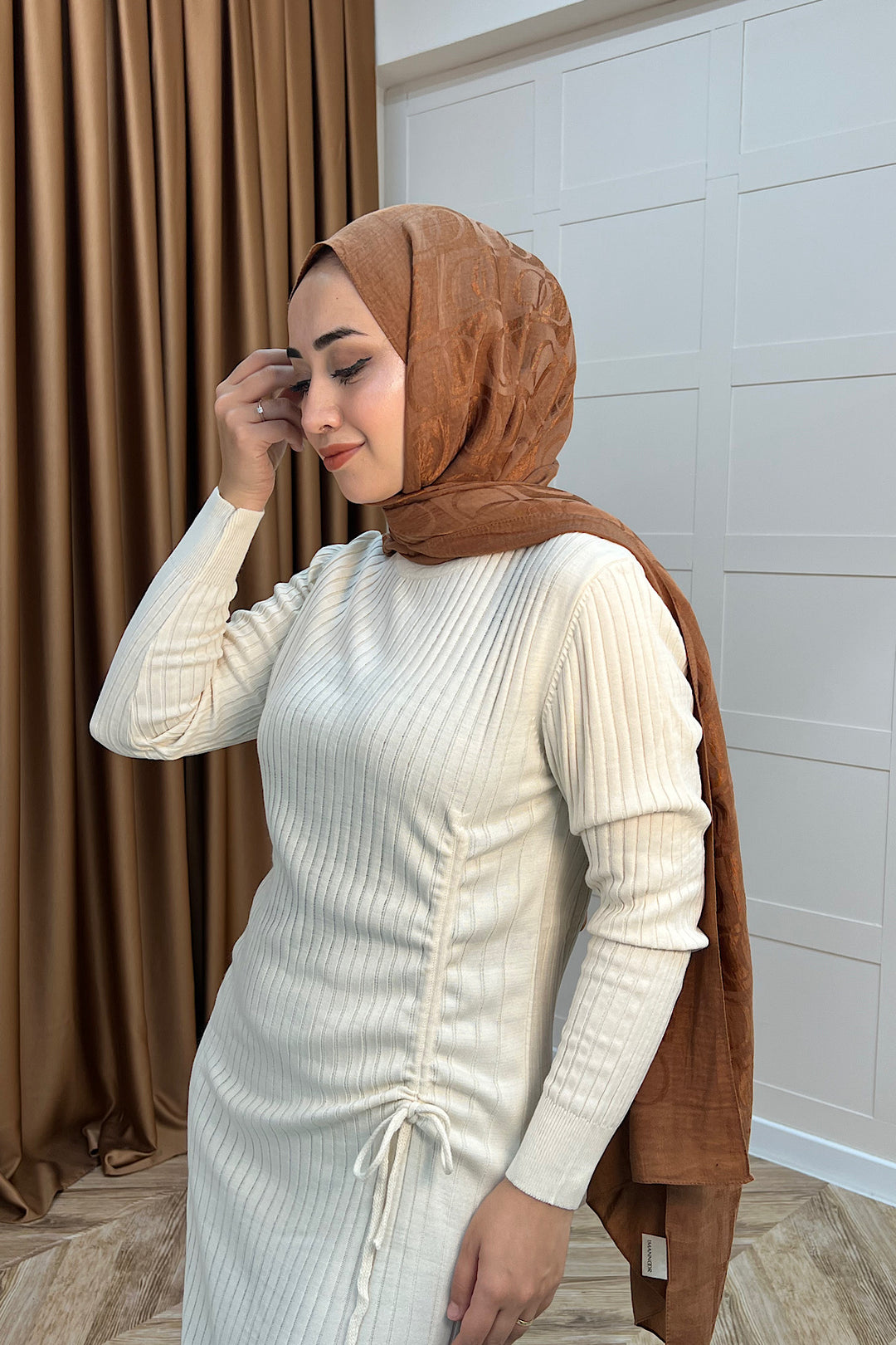 Yandan Büzgülü Triko Elbise Ekru 24870-EKRU