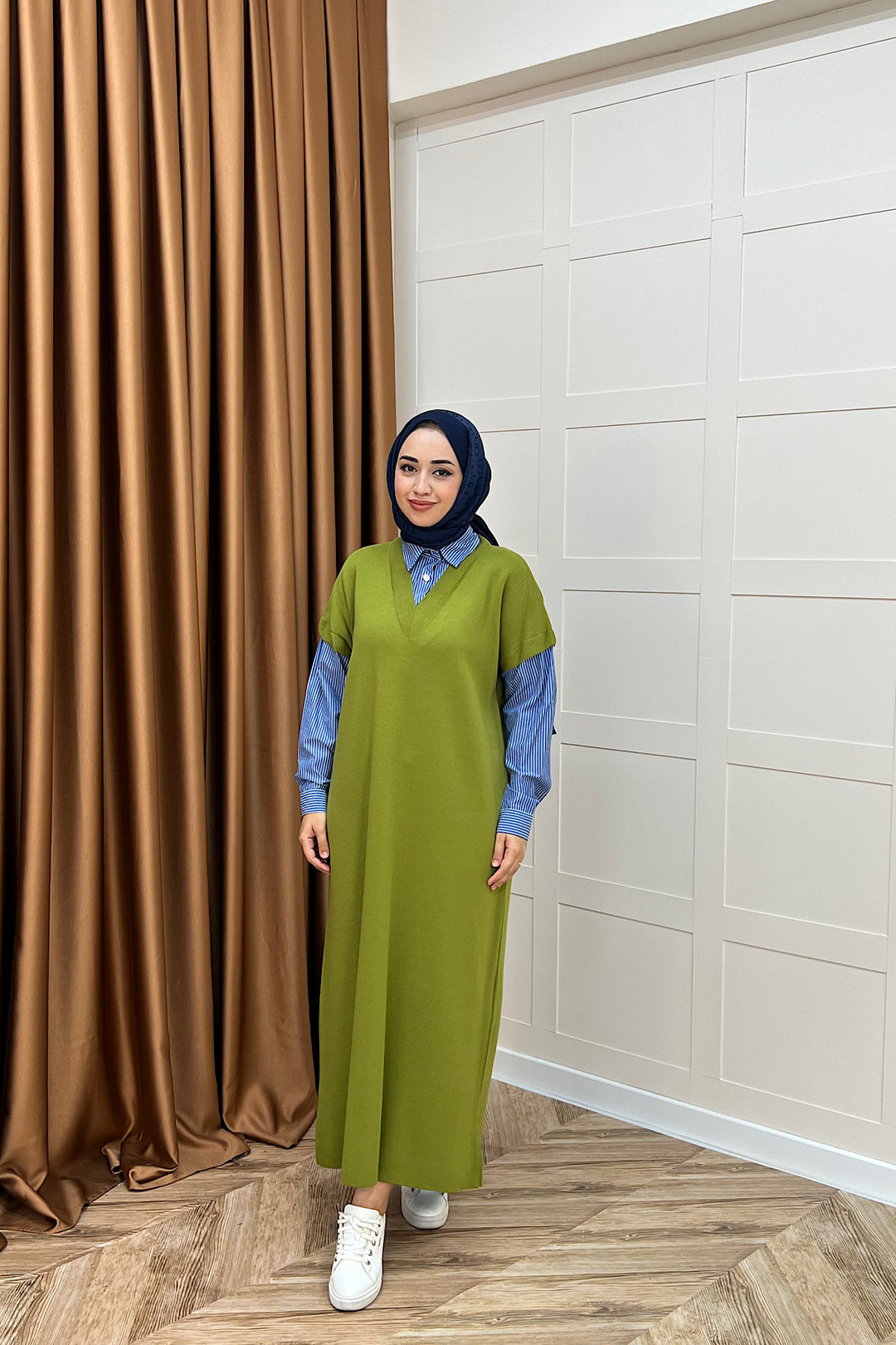 Samira Gömlek Detaylı Triko Elbise Yağ Yeşili 241110-YAGYESILI
