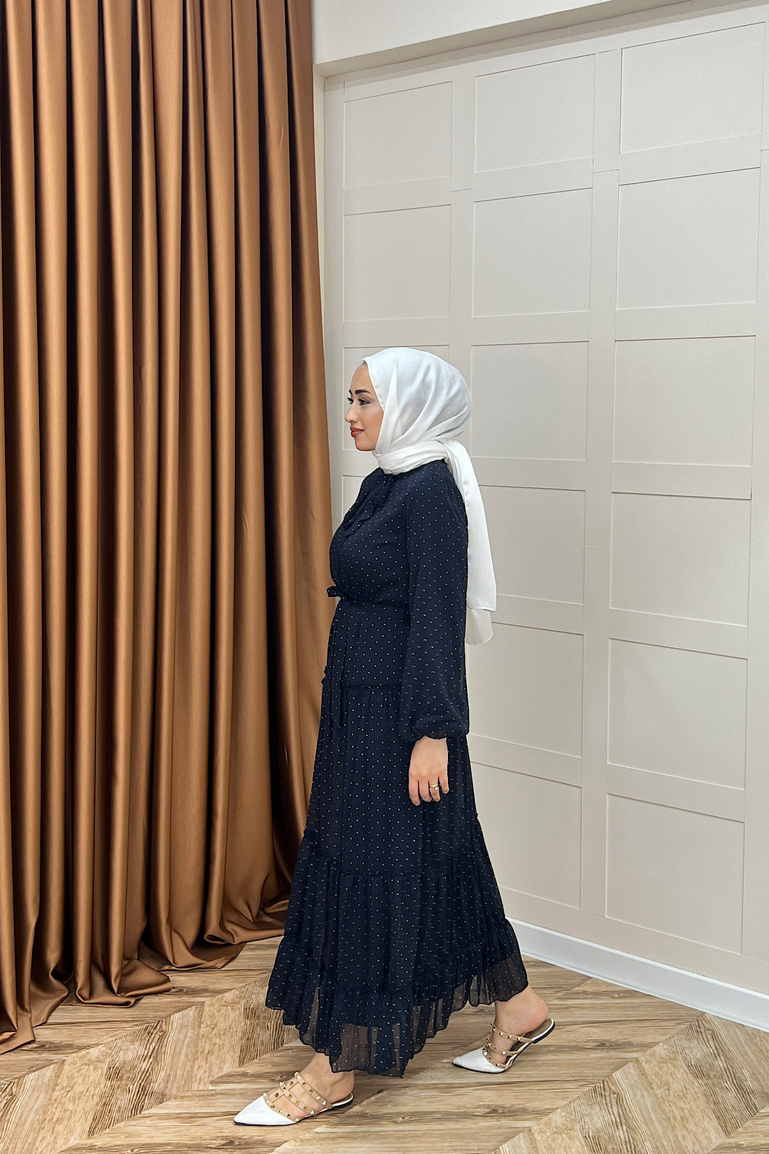 Lea Puantiyeli Şifon Elbise Lacivert 03036-LACIVERT
