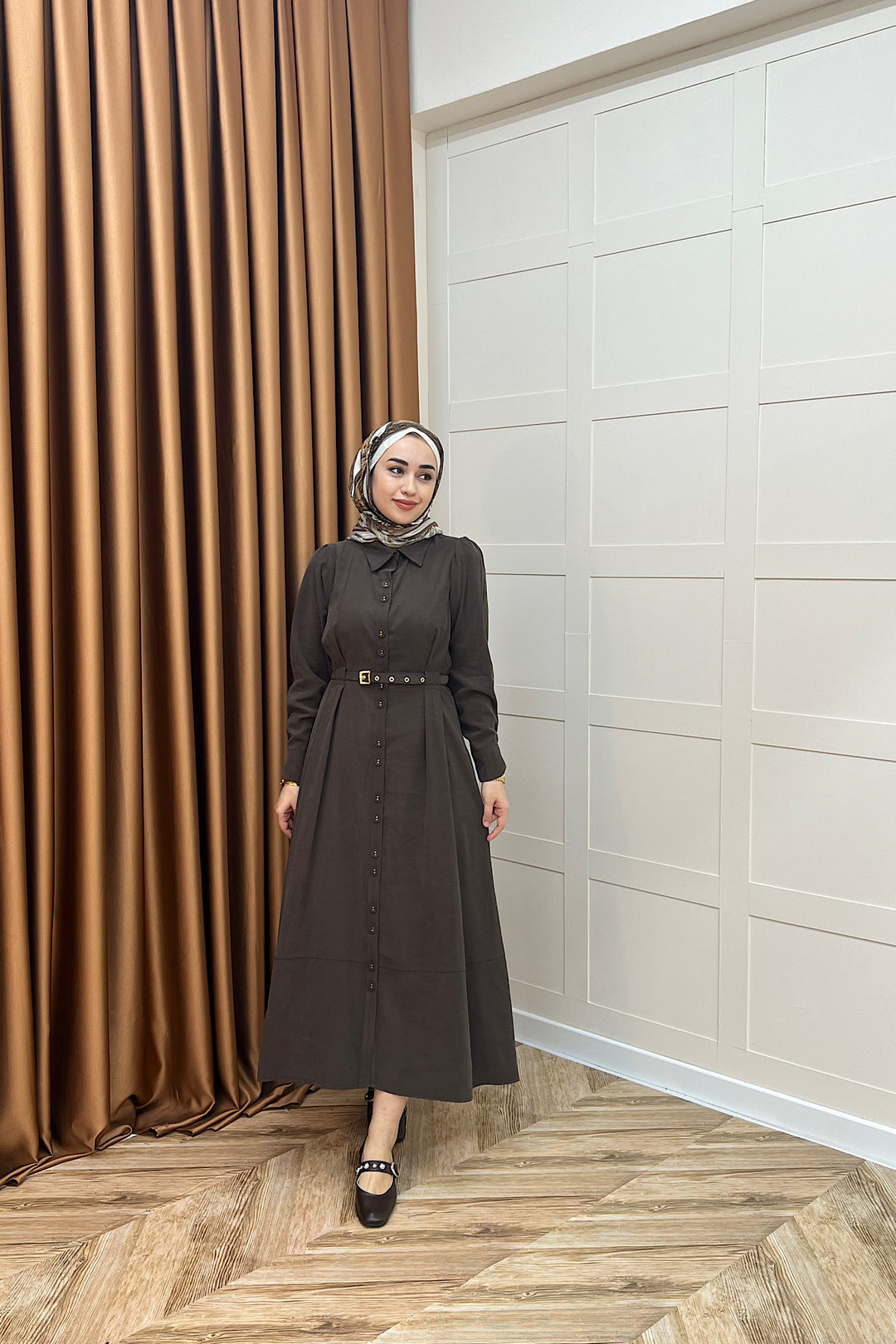 Nisa Boydan Düğmeli Elbise Kahverengi 3000-KAHVERENGI