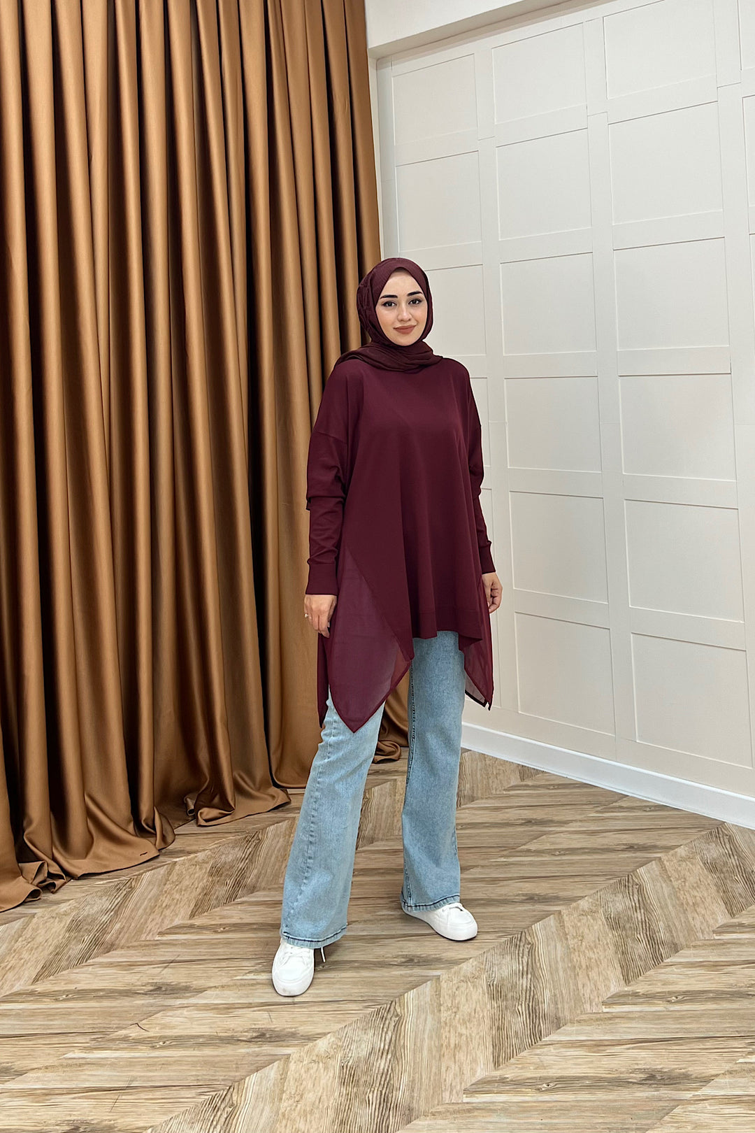 Hüda Şifon Detaylı Triko Tunik Bordo 24290-BORDO