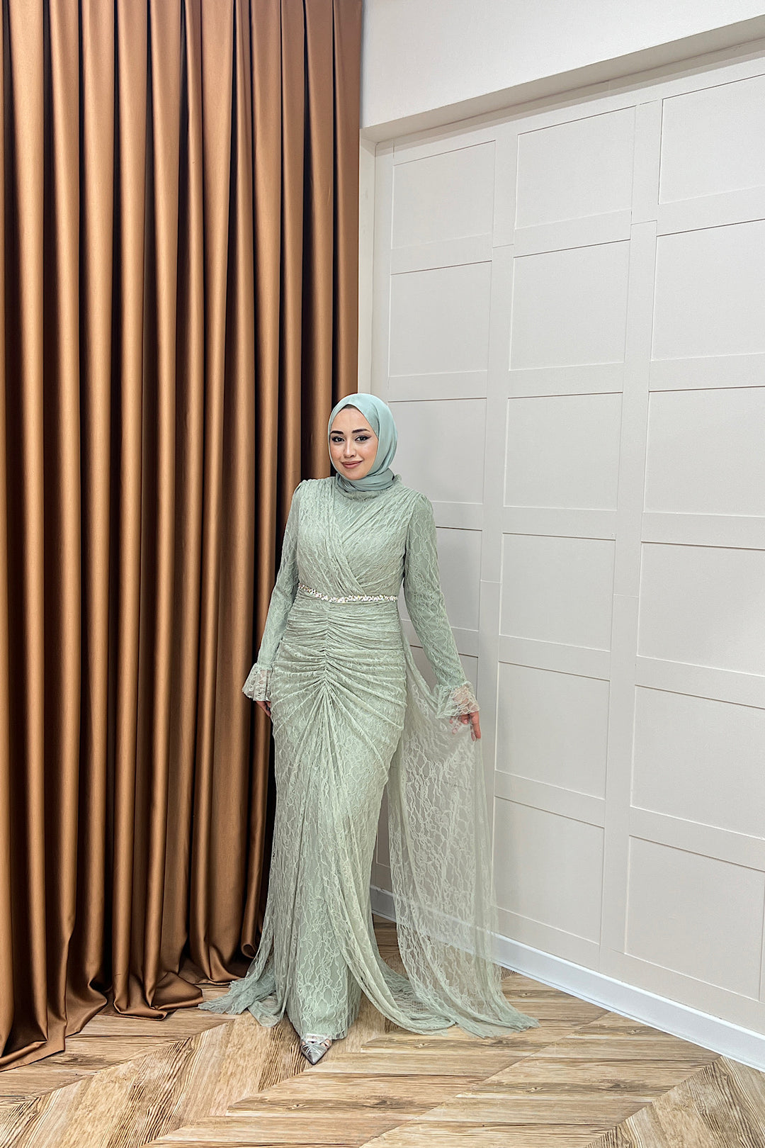 Sofia Taş Detay Dantel Abiye Mint 3108-MINT