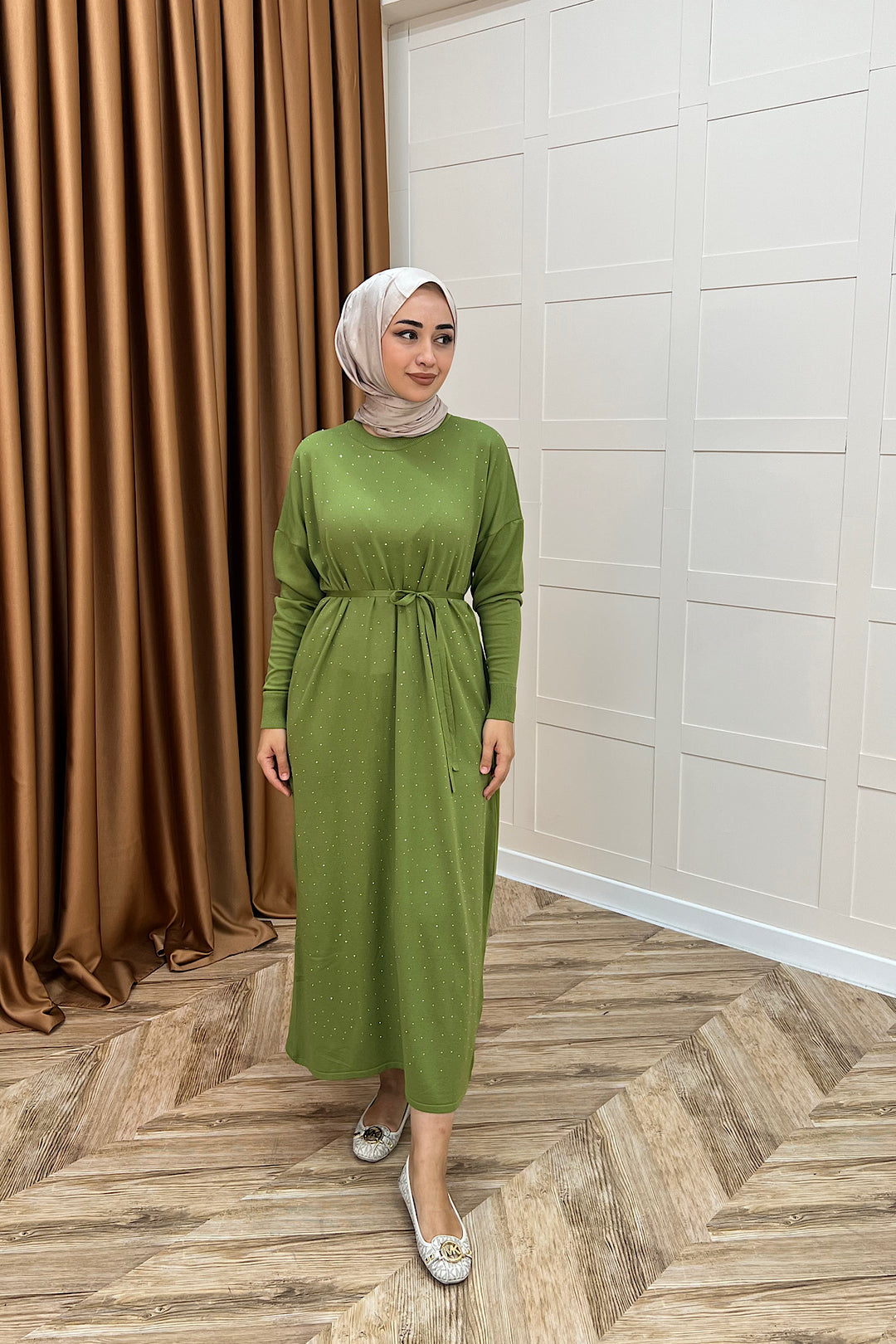 Mabel Taşlı Triko Elbise Yağ Yeşili 25270-YAGYESILI