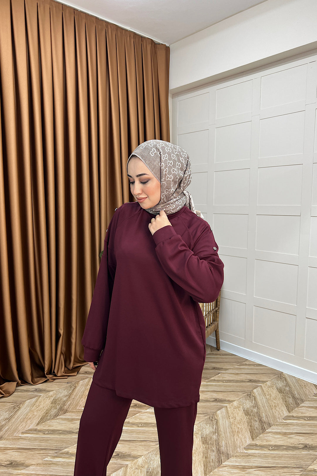 Luna Omuz Düğme Detay İkili Takım Bordo 3139-BORDO