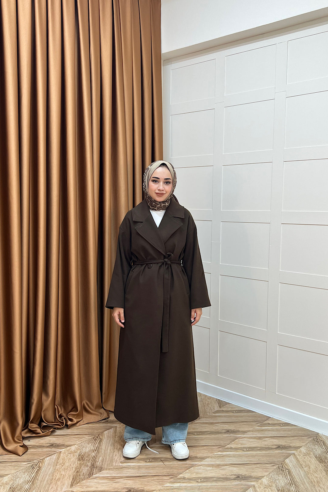 Retro Premium Kumaş Uzun Kaşe Kaban Kahverengi 5509-KAHVERENGI