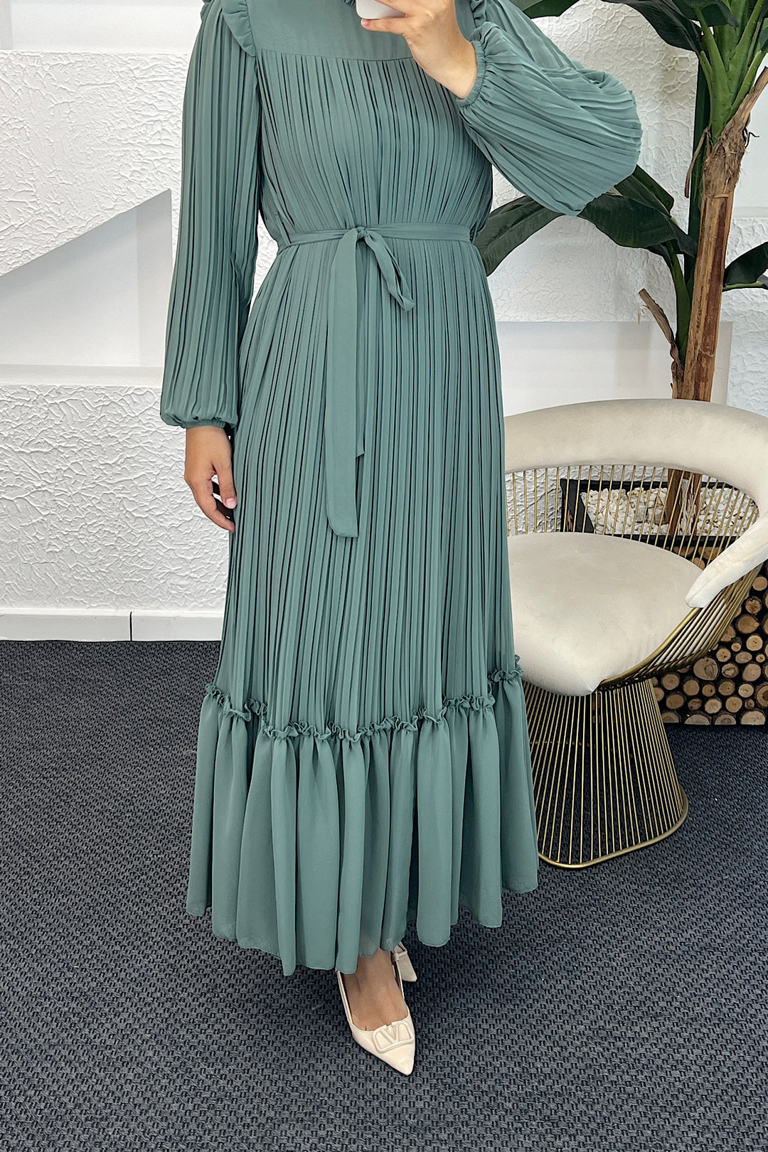 Bella Piliseli Şifon Elbise Mint 04670-MINT