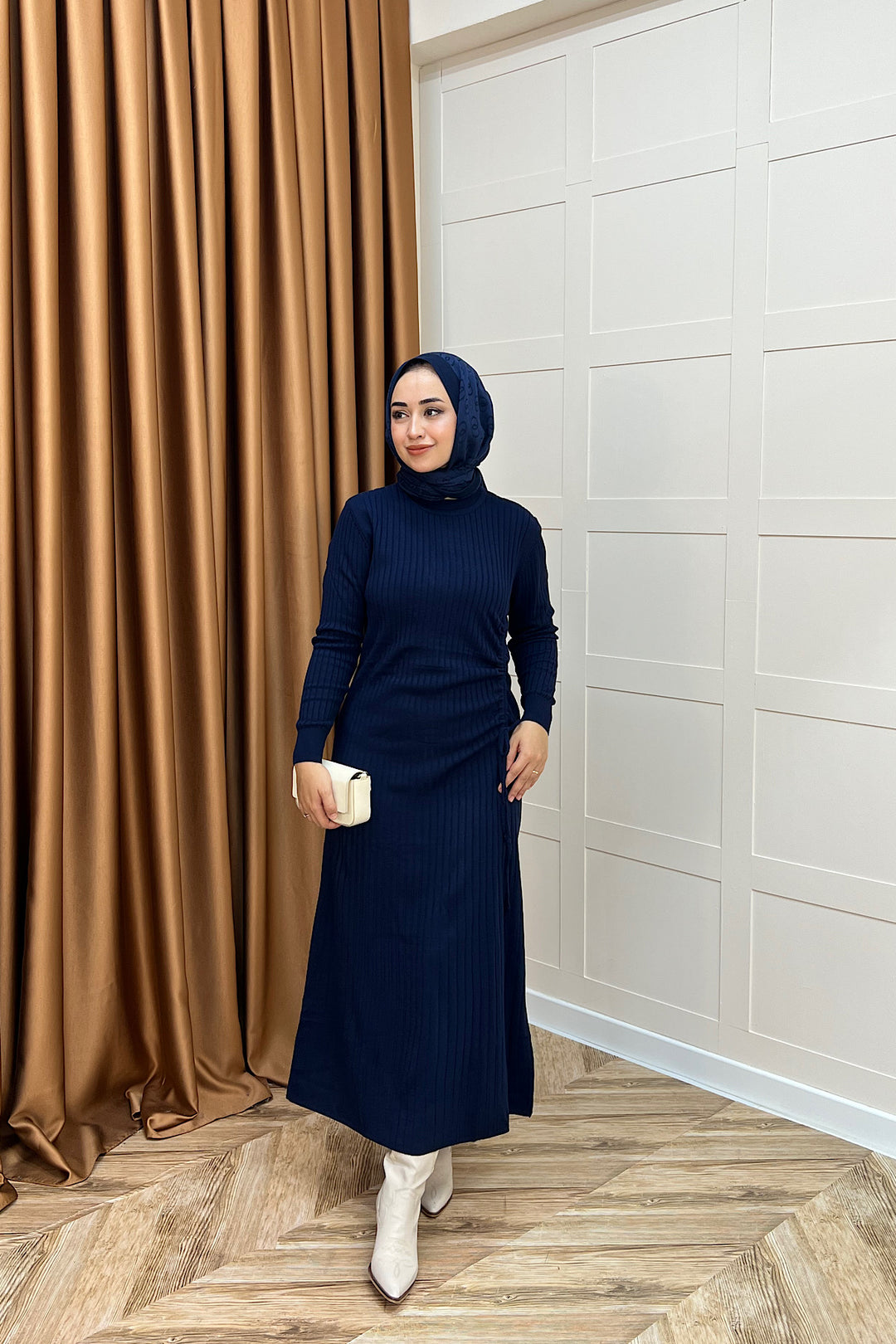 Yandan Büzgülü Triko Elbise Lacivert 24870-LACIVERT