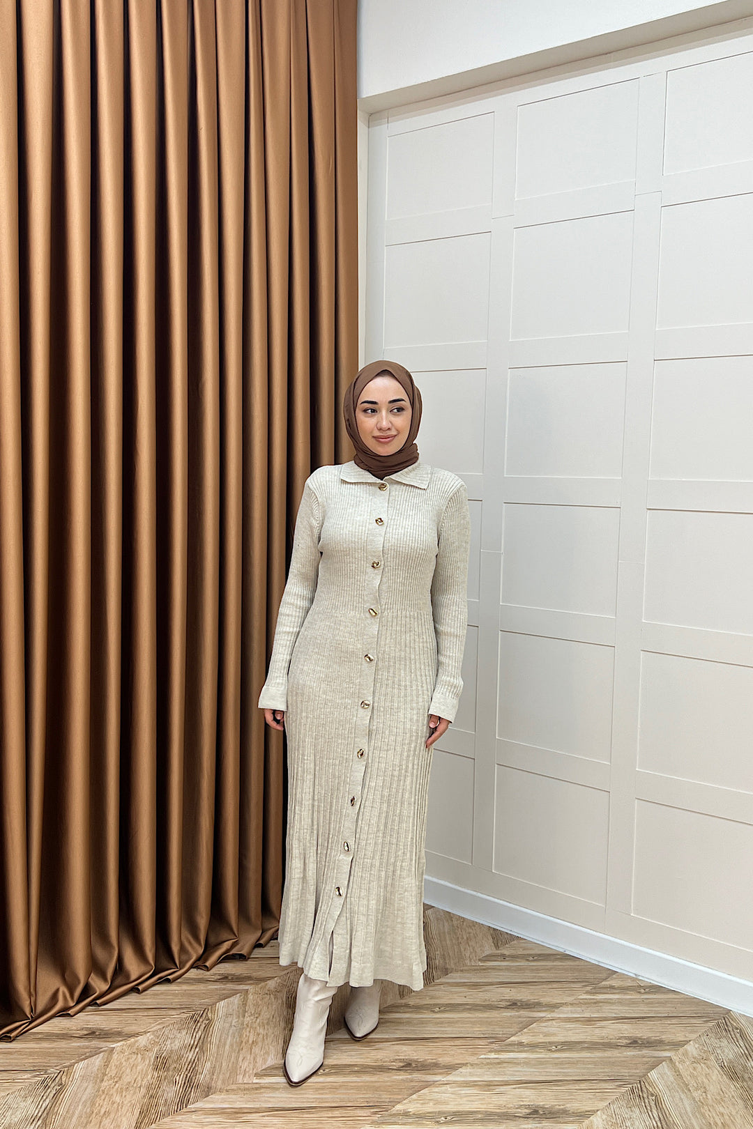 Endam Düğmeli Triko Elbise Taş 10201-TAS