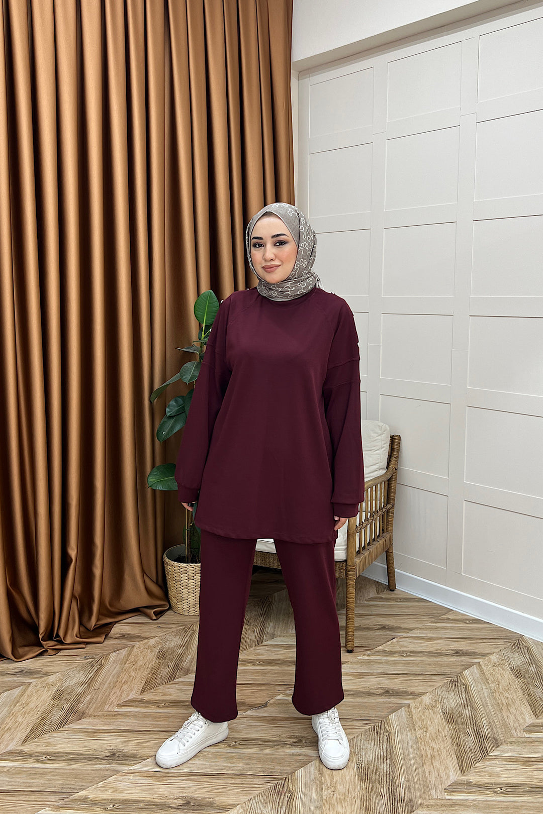Luna Omuz Düğme Detay İkili Takım Bordo 3139-BORDO