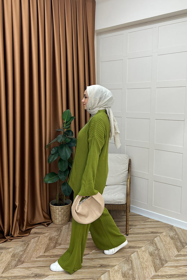 Galata Fitilli Triko Hırka Takım Yağ Yeşili 25630-YAGYESILI