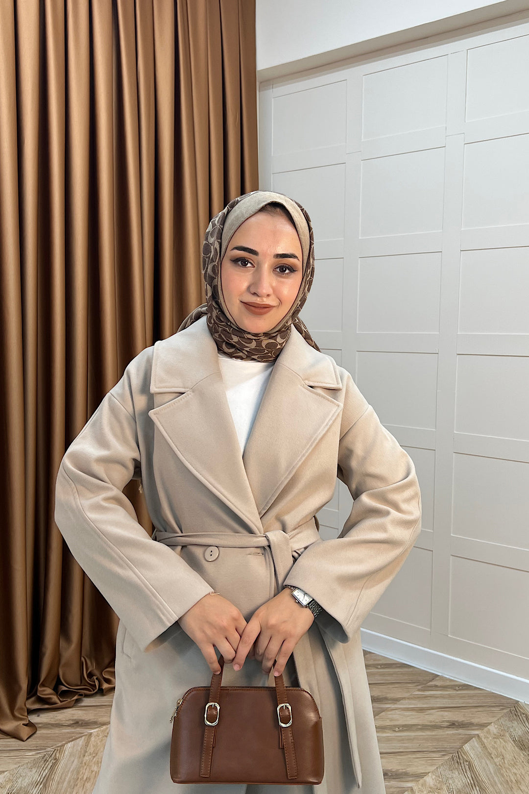 Retro Premium Kumaş Uzun Kaşe Kaban Taş 5509-TAS