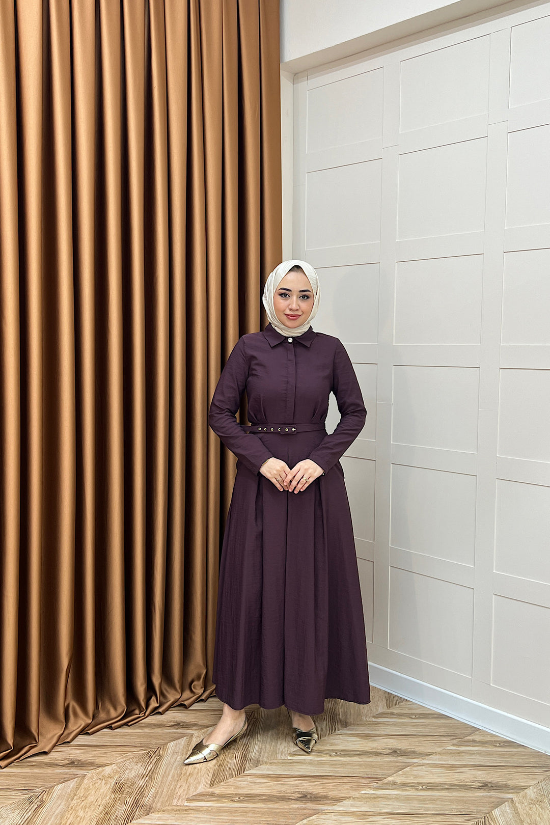 Lunia Kemerli Elbise Mürdüm 5010-MURDUM