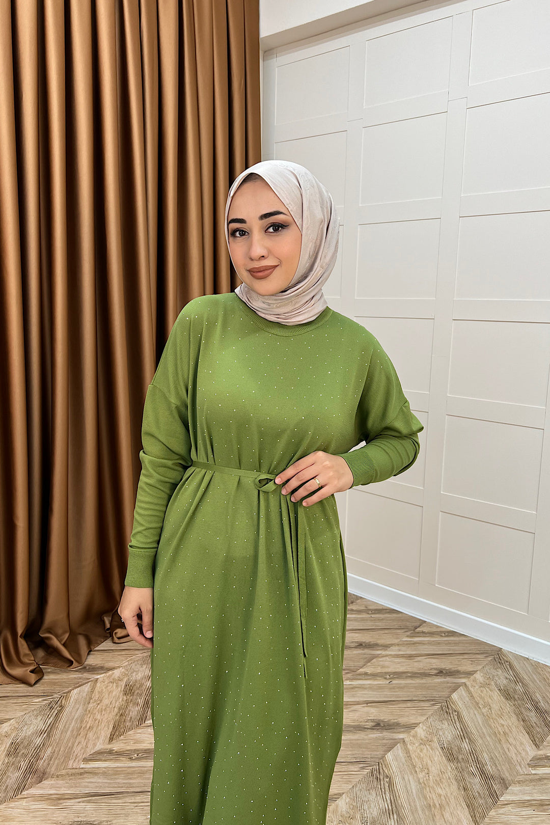 Mabel Taşlı Triko Elbise Yağ Yeşili 25270-YAGYESILI