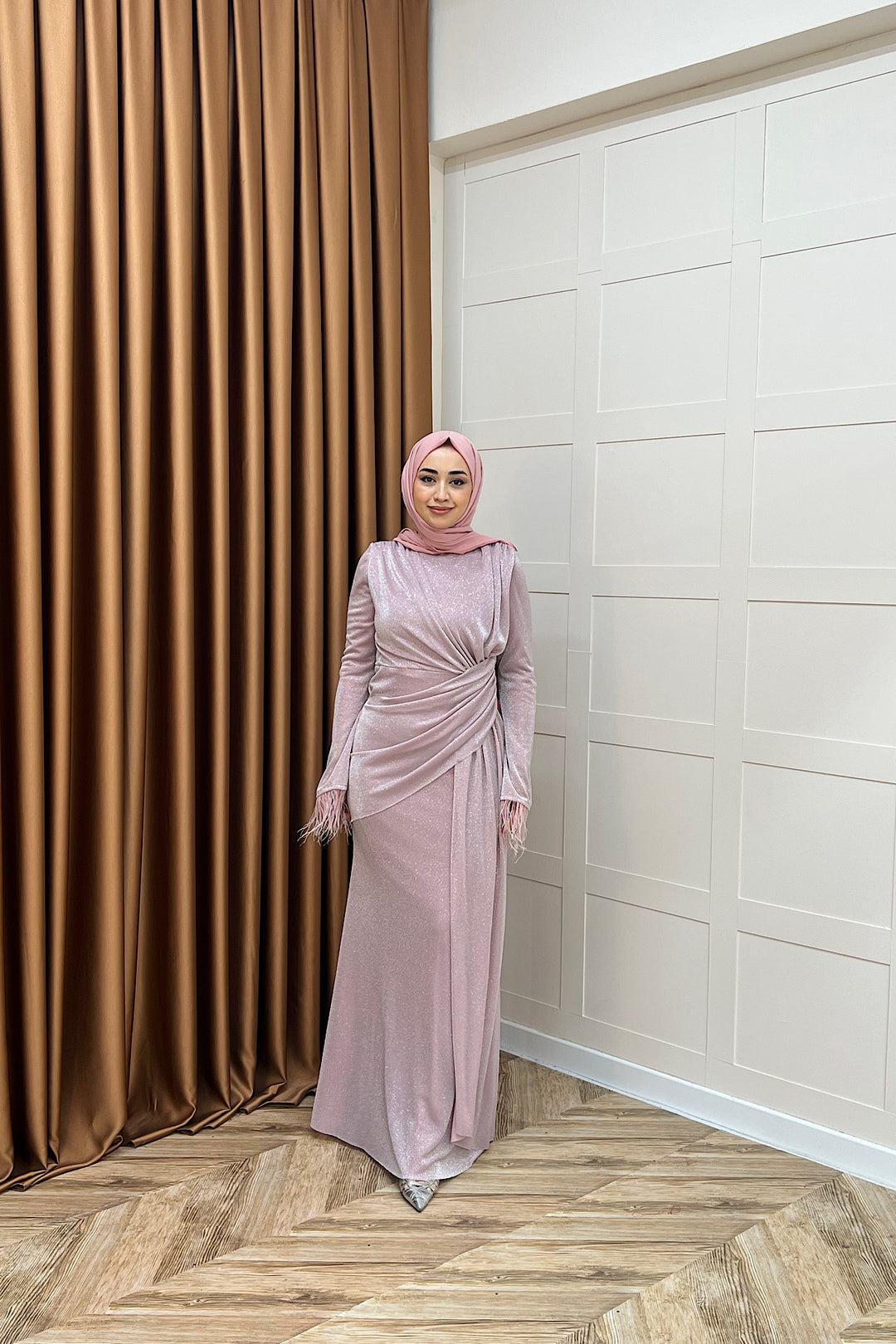 Rosalin Tüy Detay Abiye Pudra 3088-PUDRA