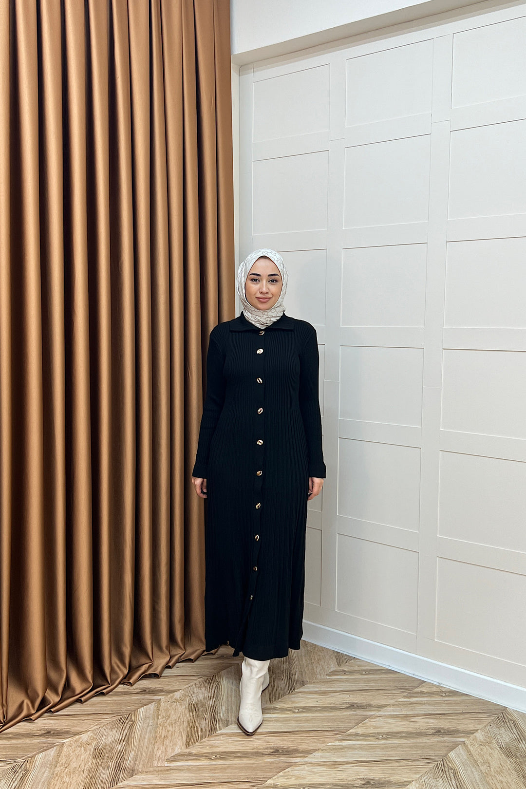 Endam Düğmeli Triko Elbise Siyah 10201-SIYAH