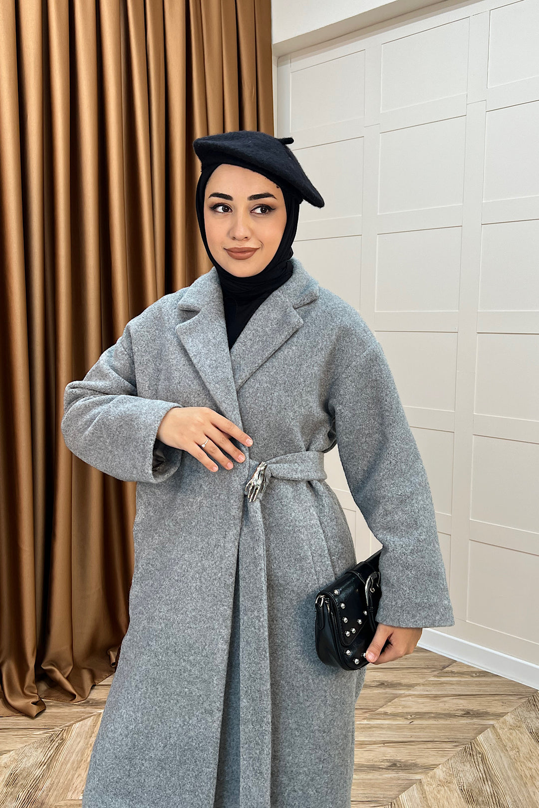 Yaren Premium Kumaş Broş Detay Kaban Gri 5511-GRI