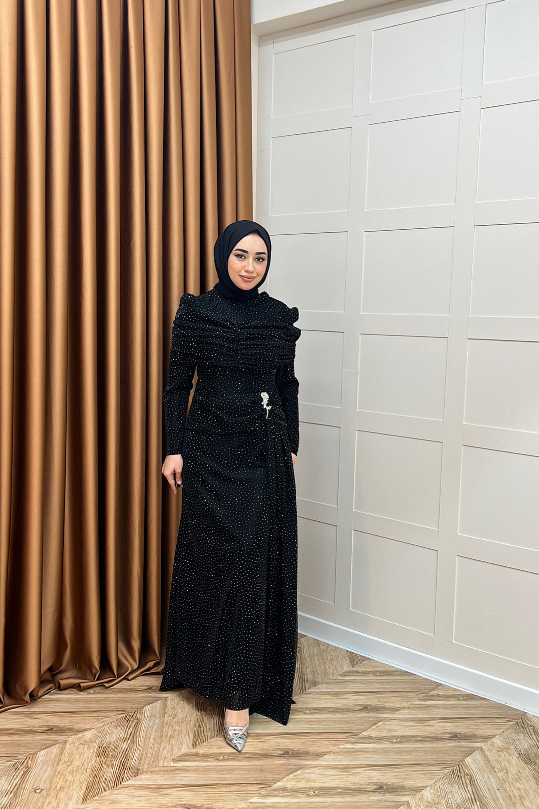 Helena Çiçek Taşlı Abiye Siyah 3097-SIYAH