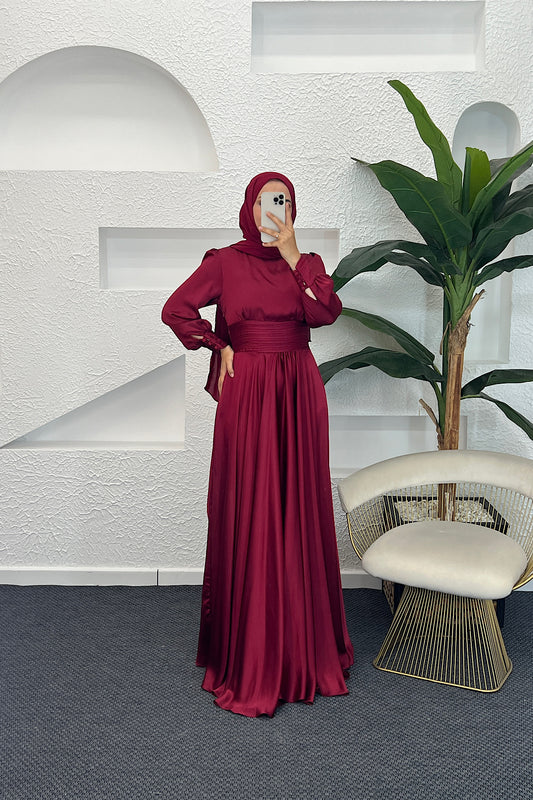 Beli Piliseli Saten Abiye Bordo 04340-BORDO