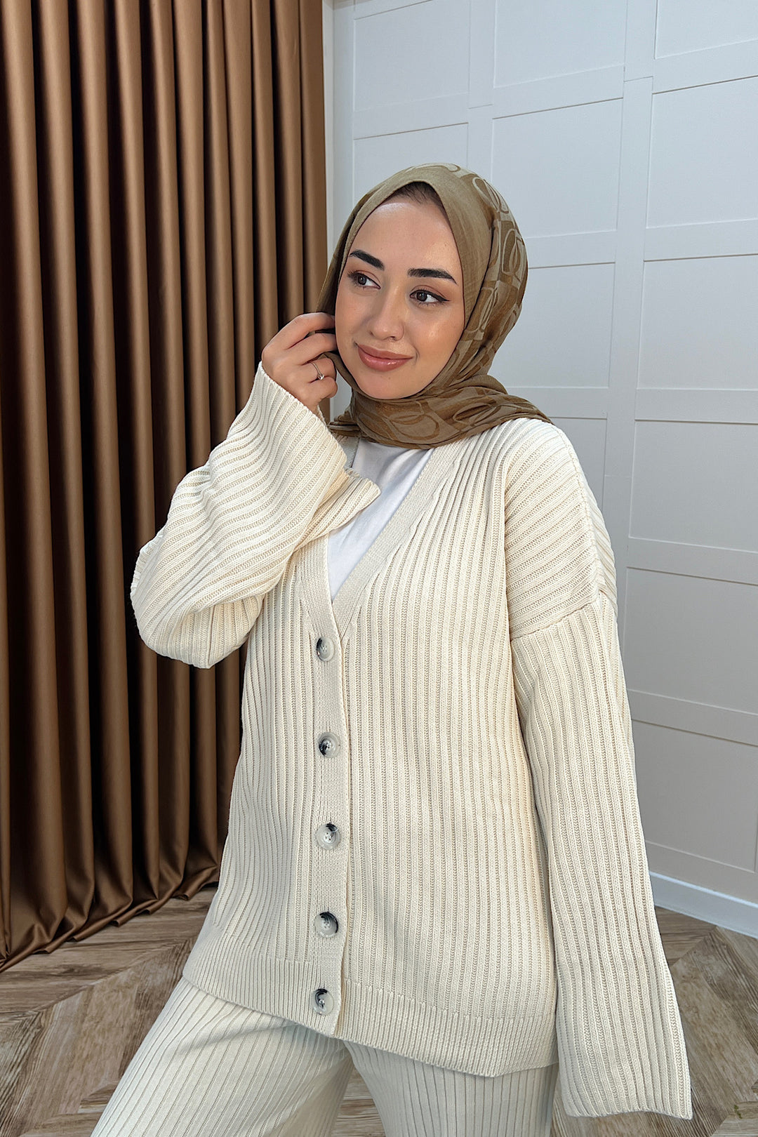 Galata Fitilli Triko Hırka Takım Krem 25630-KREM