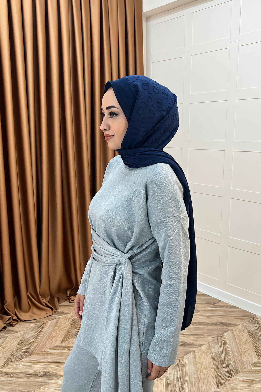 Yakamoz Şal Detay Simli Triko Takım Gri 25280-GRI