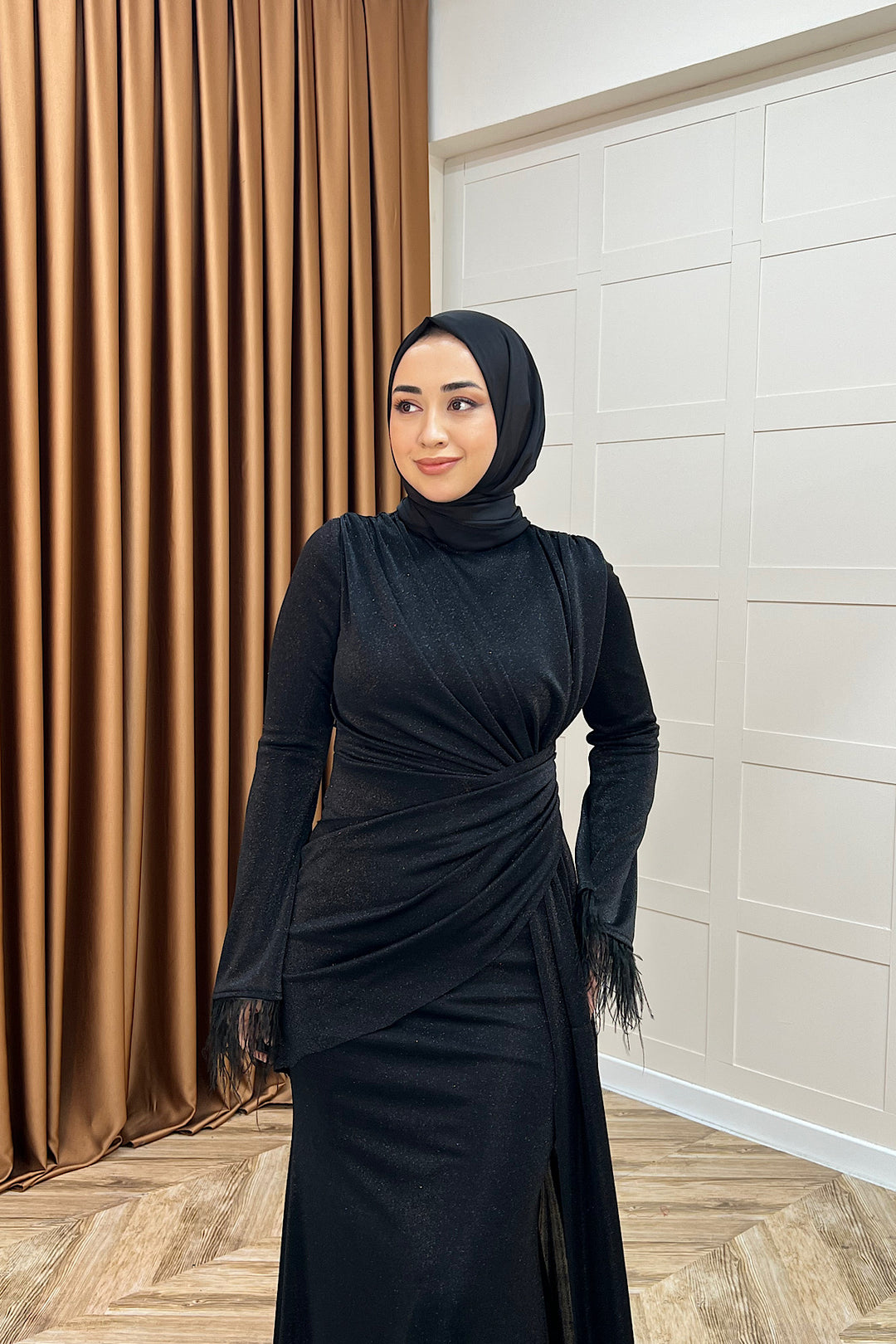 Rosalin Tüy Detay Abiye Siyah 3088-SIYAH