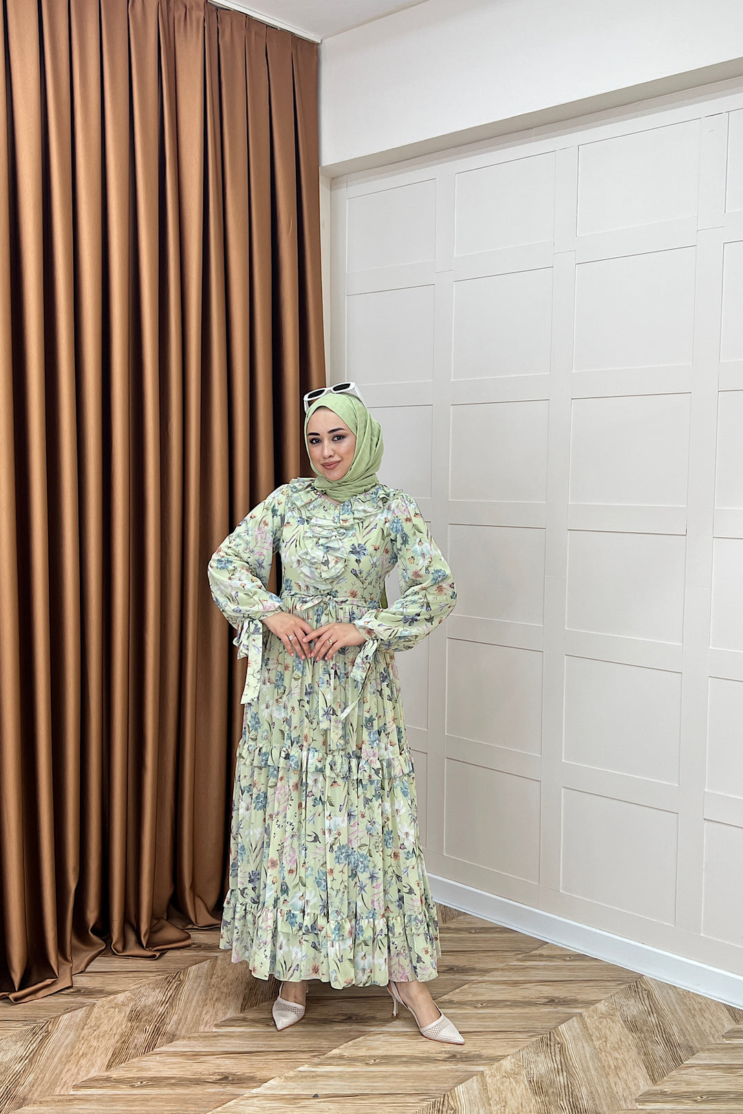 Loreno Yaka Detay Elbise Yeşil 03054-YESIL